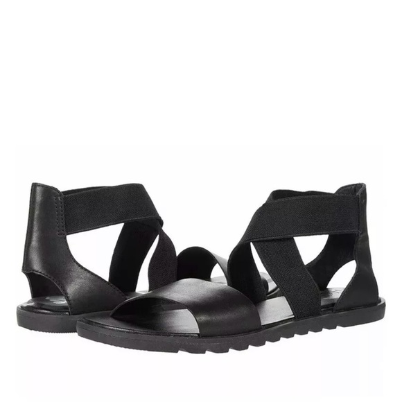 Sorel Ella II Leather Flat Ankle Sandal Black Size 8.5 - Picture 1 of 5